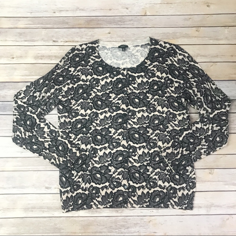 Talbots lace print tan black cardigan sweater XL